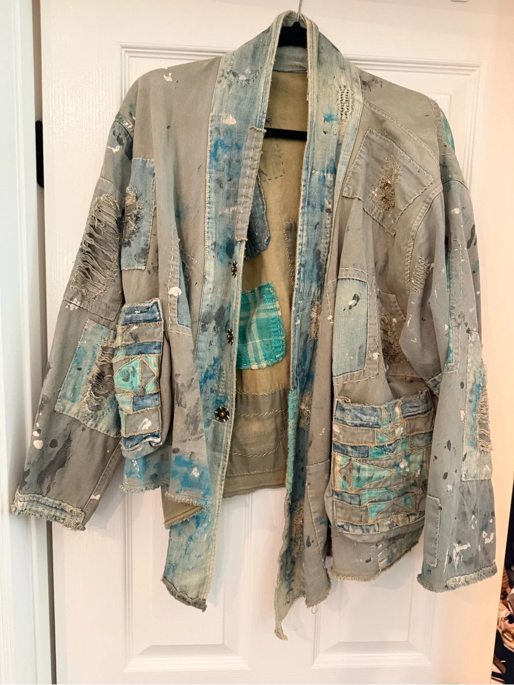 Magnolia Pearl Tucumcari Kimono Distressed Patchwork Denim Jacket - Picture 6 of 7